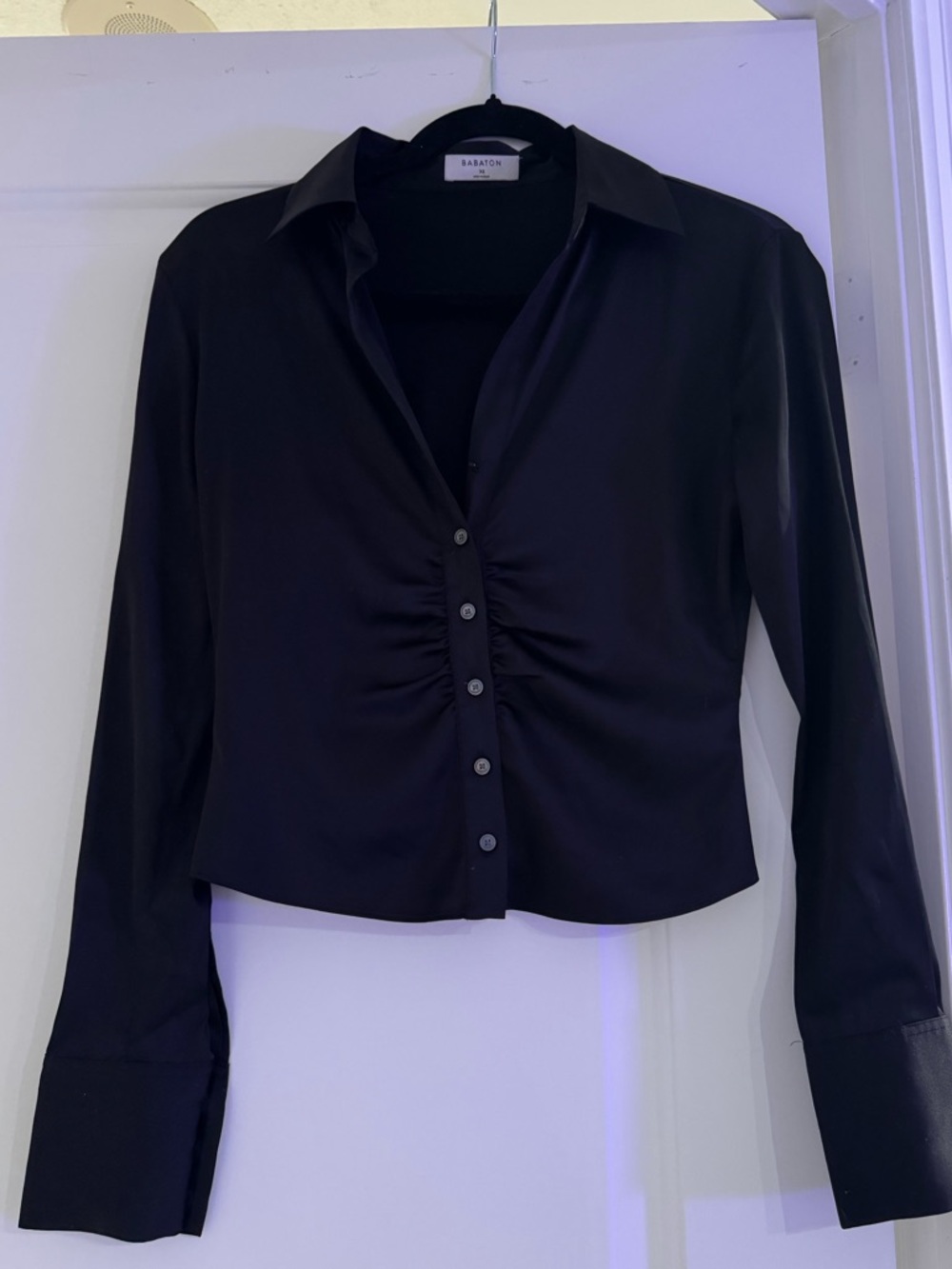 Babaton Black Ruched Button-Front Blouse XS